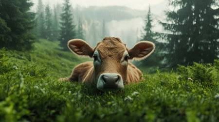 A cow lies peacefully in vibrant green grass in a serene forest, with tall trees and misty mountains in the background at dawn.の素材