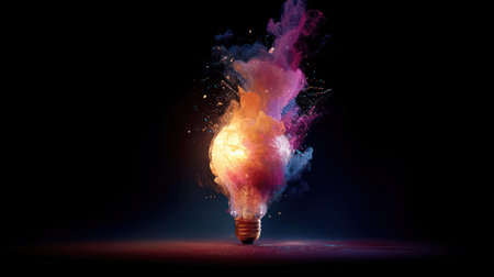 A vibrant lightbulb bursts with colorful smoke and sparks while surrounded by darkness, creating a striking visual effect.の素材