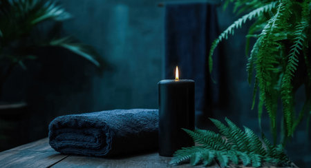 A serene spa environment with a flickering candle, neatly folded towels, and lush plants creates a calming atmosphere for relaxation.の素材