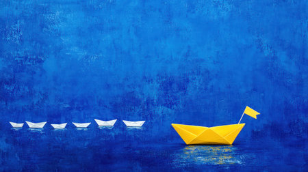 A vibrant blue backdrop features a yellow origami boat at the forefront, guiding several white boats in a serene scene of creativity and imagination.の素材