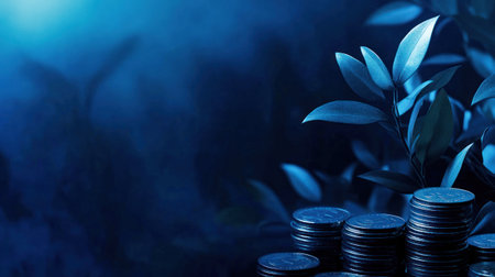 Coins are stacked on a surface with lush green leaves nearby, illuminated by gentle blue light, creating a tranquil and serene environment.の素材