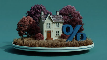 A house sits on a circular base, surrounded by bright trees and a large percentage symbol, creating a vibrant scene about real estate.の素材