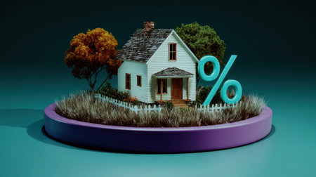 A small house model surrounded by trees and a large percent sign represents real estate trends and mortgage rates in a creative display.の素材