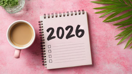 A calendar for 2026 sits beside a cup of coffee on a pastel pink surface, surrounded by fresh greenery for inspiration.の素材