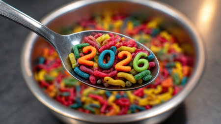 A spoon holds colorful cereal pieces shaped like numbers 2026 above a bowl filled with various vibrant shapes, ready for breakfast.の素材