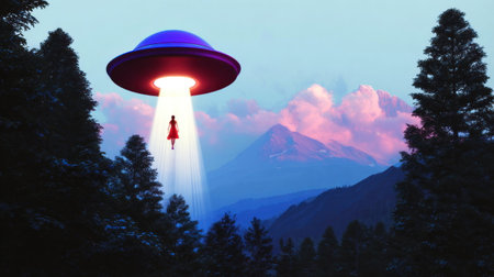 A girl in a red dress is being lifted by a UFO above a picturesque mountain landscape at dusk, creating a surreal and enchanting atmosphere.の素材