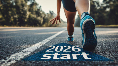 A focused runner is poised at the starting line for a race in 2026, ready to sprint forward on a clear, sunny day.の素材