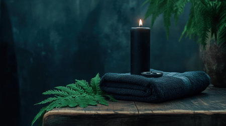 A dark candle glows softly beside a neatly folded towel and green ferns, creating a serene and inviting atmosphere for relaxation.の素材