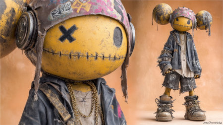 A colorful character stands confidently, showcasing a mix of street style and playful elements against a warm backdrop.の素材