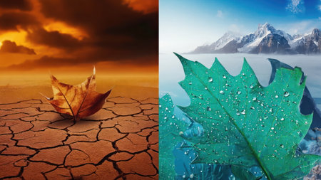 A dried leaf rests on cracked earth, symbolizing drought, while a fresh leaf glistens with droplets, representing renewal and vitality.の素材