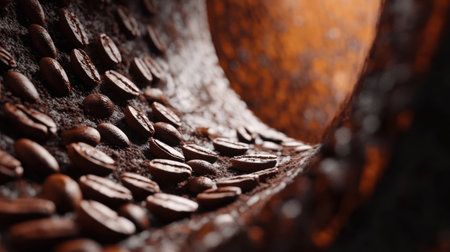 Dark roast coffee beans and ground coffee create a rich scene in a wooden bowl, highlighting textures and colors in the warm light.の素材