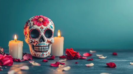 A decorative sugar skull with floral designs sits on a wooden surface, illuminated by candles and surrounded by vibrant rose petals.の素材
