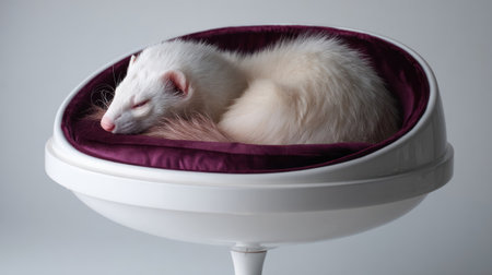 A white ferret curls up in a plush bed, resting peacefully on a contemporary round pet stand, with a soft, violet interior.の素材