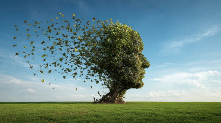 A large tree shaped like a human face stands in a vibrant green field, with leaves floating away in the breeze under a clear sky.の素材