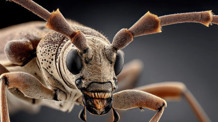 A detailed view of a unique insect, emphasizing its intricate textures, colors, and striking features against a dark backdrop.の素材