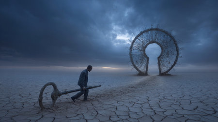 A person walks slowly through a cracked, dry landscape, pulling an oversized key towards an enormous keyhole structure as twilight descends.の素材