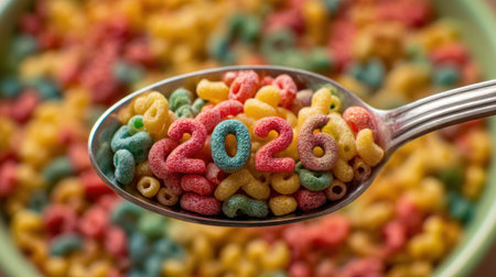 A spoon holds colorful cereal pieces and the numbers 2026, set above a bowl filled with fruity, vibrant cereal.の素材