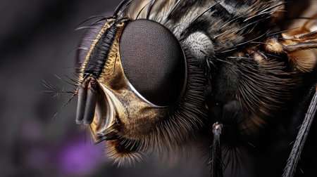 A detailed look at a fly showing its large eyes and hairy body, capturing the beauty of nature up close in bright daylight.の素材