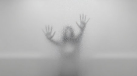 A figure is seen with hands pressed against frosted glass, conveying emotions of isolation and longing in a quiet space.の素材