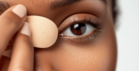 A person uses a makeup sponge to apply product under the eye, showcasing a close-up of their focused expression and skin texture.の素材