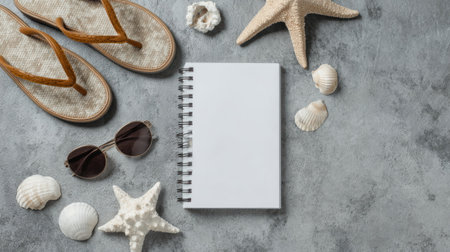 Calm beach setup featuring flip flops, a blank notebook, and seashells on a stone surface, perfect for summer creativity and relaxation.の素材