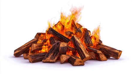 Flames dance above a stack of wooden logs, creating a warm glow suitable for an outdoor gathering or cozy night.の素材