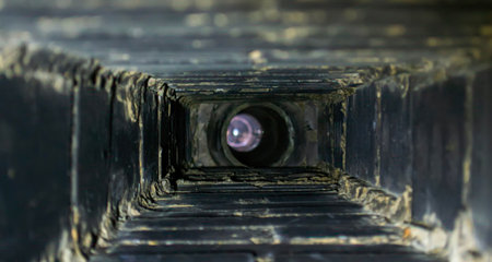 A view down a rectangular chimney shows the dark, worn walls leading to a bright light in the distance. The perspective is striking.の写真素材