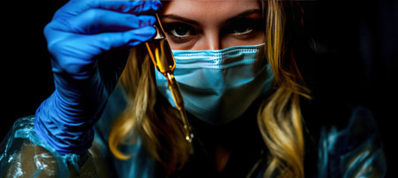 A focused scientist with long hair in gloves examines a droplet in a lab during the evening, highlighting precision in research.の素材