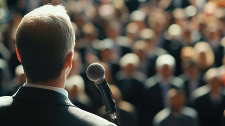 A speaker stands at a podium, engaging a large crowd of attentive listeners in a bright conference setting.の素材