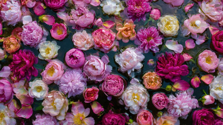 Various flower petals in shades of pink and white rest on the surface of a tranquil pond, enhancing the natural beauty of the garden.の素材