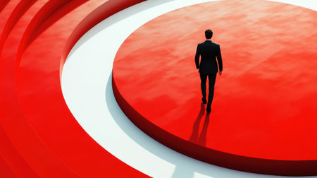 A man in a suit walks confidently on a vibrant red circular stage with white details, showcasing a modern and dynamic setting.の素材