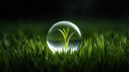 A crystal sphere sits on deep green grass, enhancing the visibility of a small green plant growing within a dark environment.の素材