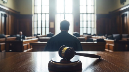 A judge sits at the front of a courtroom, with a gavel in the foreground, as sunlight fills the room and illuminates the space.の素材