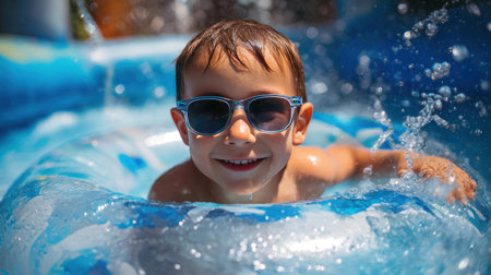 A young boy wearing sunglasses swims playfully in a pool, surrounded by splashing water on a sunny day in summer.の素材