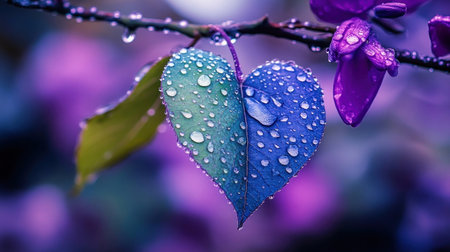 Bright green and blue leaves shaped like hearts glisten with raindrops on a branch in a lush garden filled with purple blooms.の素材