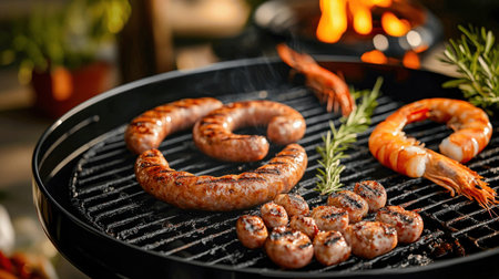 Juicy sausages and skewered shrimp sizzle on a grill as flames dance nearby in a lively summer barbecue gathering with friends.の素材