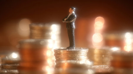 A small figure showcases determination while standing on a pile of coins, illuminated by soft, warm light, symbolizing wealth and ambition.の素材
