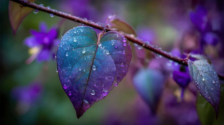 A heart-shaped leaf covered in water droplets hangs on a branch near beautiful purple flowers, capturing a tranquil moment in nature.の素材