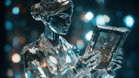 A transparent figure studies a book while illuminated by sparkling lights at an artistic exhibition showcasing creativity.の素材