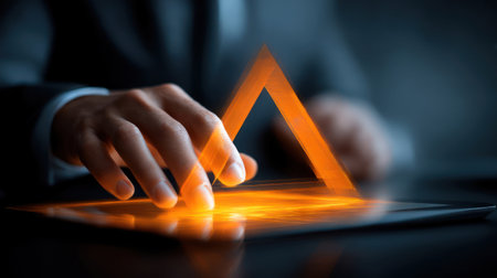A suited individual uses their hand to engage with a glowing orange triangular hologram above a tablet, showcasing advanced technology.の素材