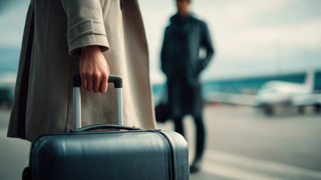 A traveler stands outside an airport with a suitcase, while another figure appears in the background close to parked planes.の素材