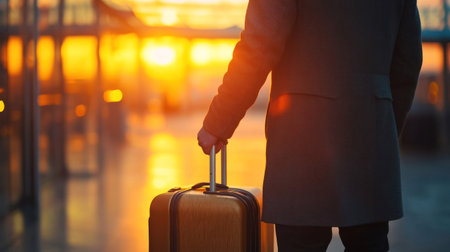 A person stands at the airport, holding a suitcase, admiring a vibrant sunset. The scene is calm and full of anticipation for travel.の素材