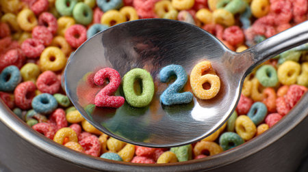 Brightly colored cereal shapes in a spoon display the number 2026, resting above a bowl filled with more cereal.の素材