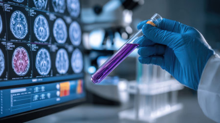 A scientist in gloves holds a test tube filled with purple liquid while analyzing brain scans on a screen in a lab setting.の素材