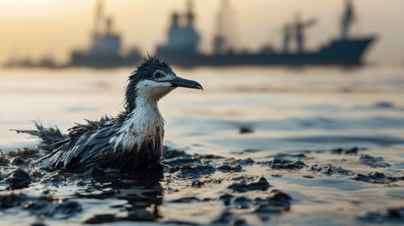 A bird paddles through dirty water near a shoreline, with distant ships silhouetted against the setting sun in the background.の素材