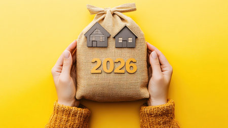 Hands hold a burlap bag featuring home symbols and the year 2026, symbolizing future housing plans and aspirations.の素材