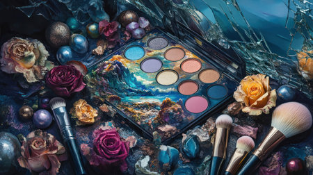 This scene features an artistic eyeshadow palette surrounded by colorful roses and decorative stones, with shards of glass creating a unique backdrop.の素材