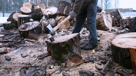 A person is chopping wood in a snowy area, preparing logs for firewood. The scene shows stacked logs and a crisp winter atmosphere.の写真素材