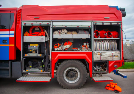 The open compartments of a fire truck display various firefighting tools, gear, and equipment during a response to an emergency incident.の写真素材