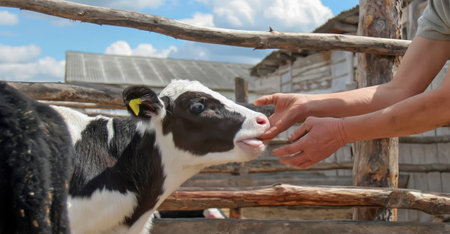 A person gently feeds a young calf in a bright farmyard, with wooden fences and blue sky in the background.の写真素材